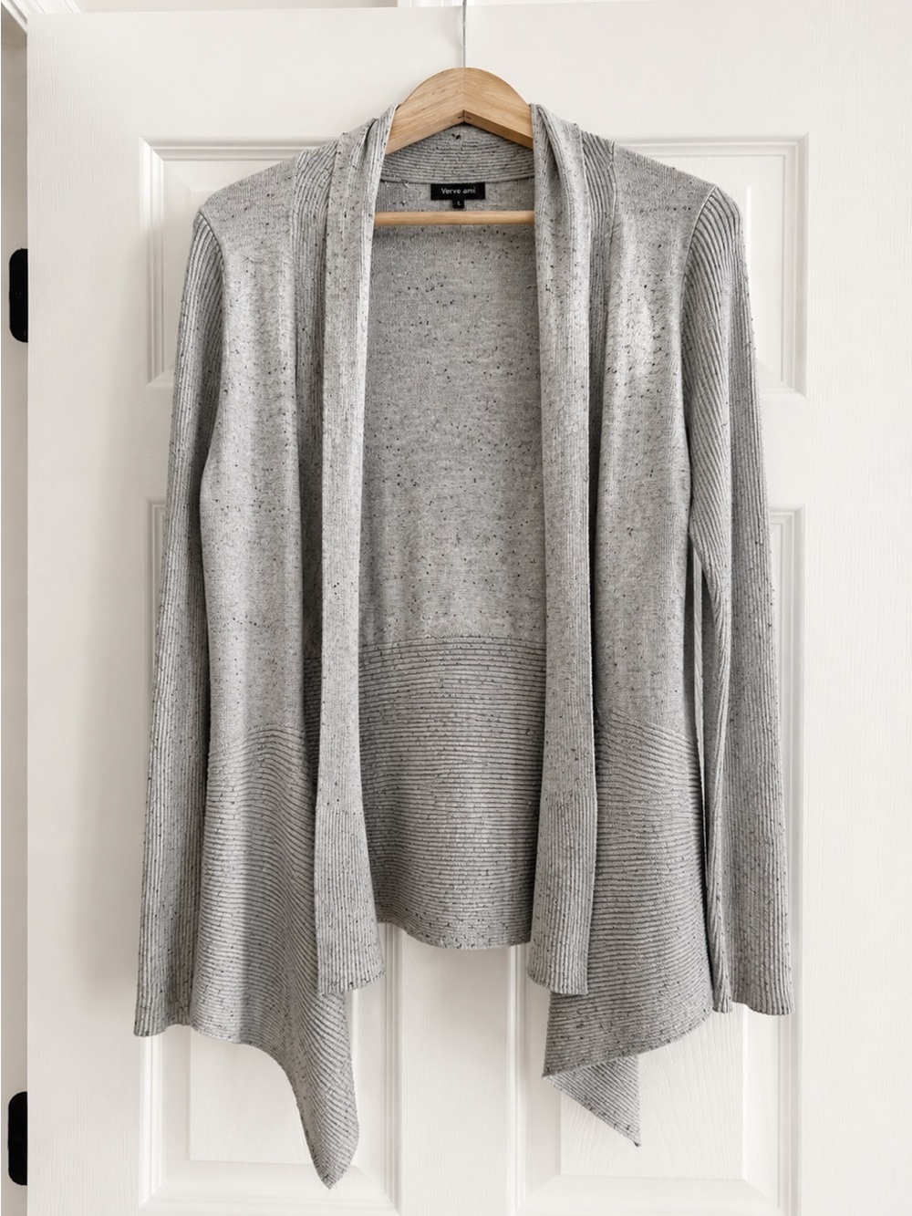 Verve Ami Women’s Large Open Front Gray Speckled Knit Cardigan Drape Sweater L